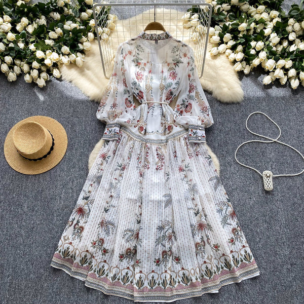 Vintage Stand Collar Floral Shirt Dress