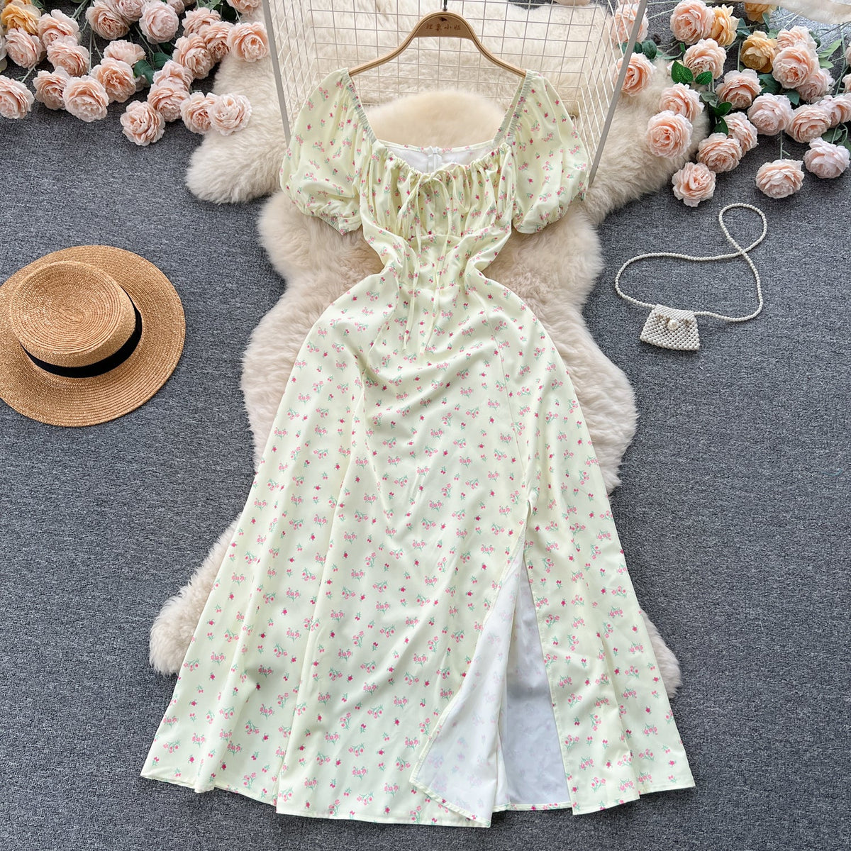 Ruffled Neckline Floral Split Dress