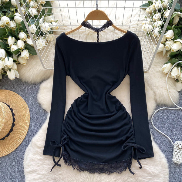 Lace Patchwork Drawstring Black Dress