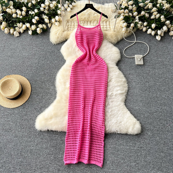 Plaid Hollowed Knitted Slip Dress