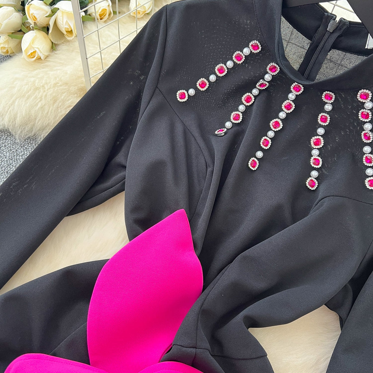 3D Rose Rhinestone Studded Black Dress