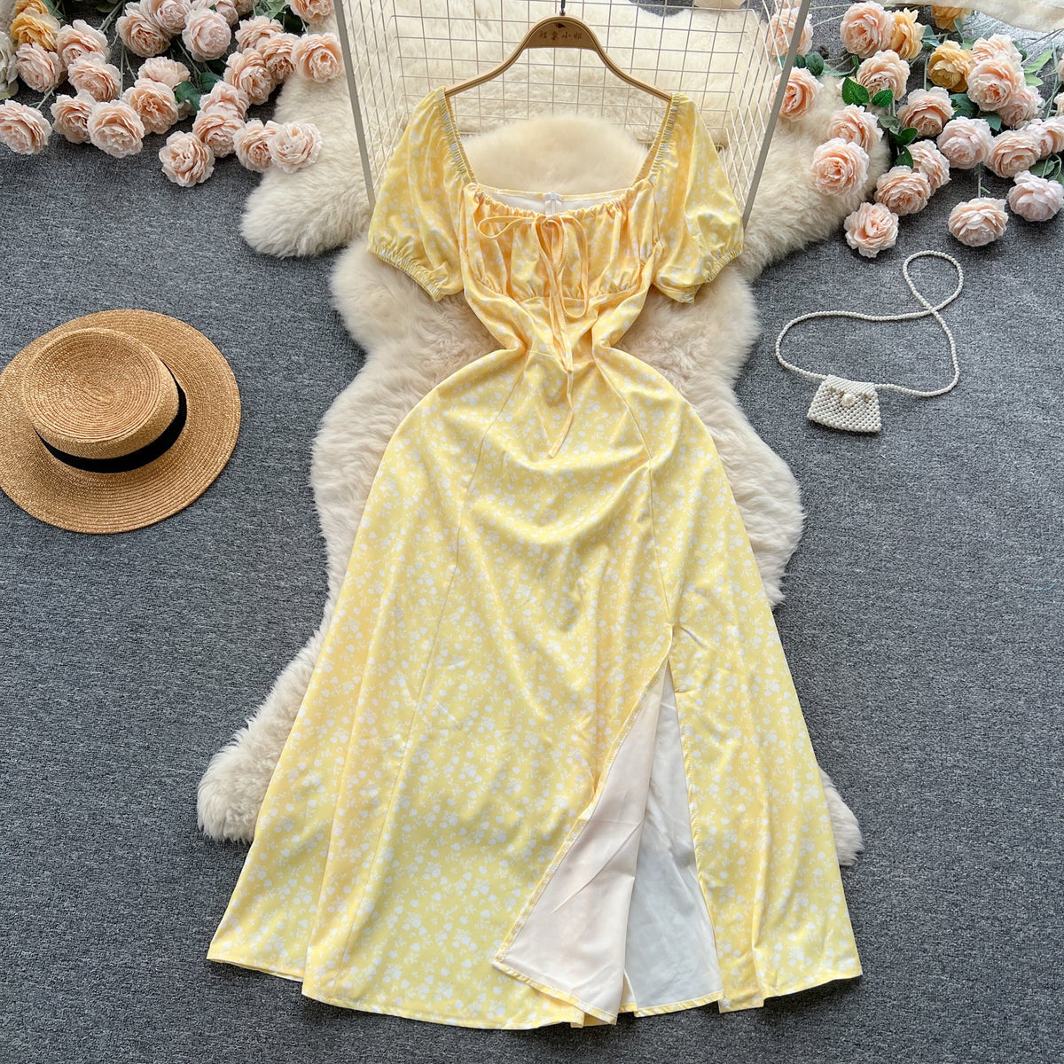Ruffled Neckline Floral Split Dress