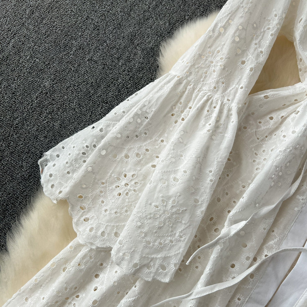 Hollowed Embroidered White Cardigan Dress