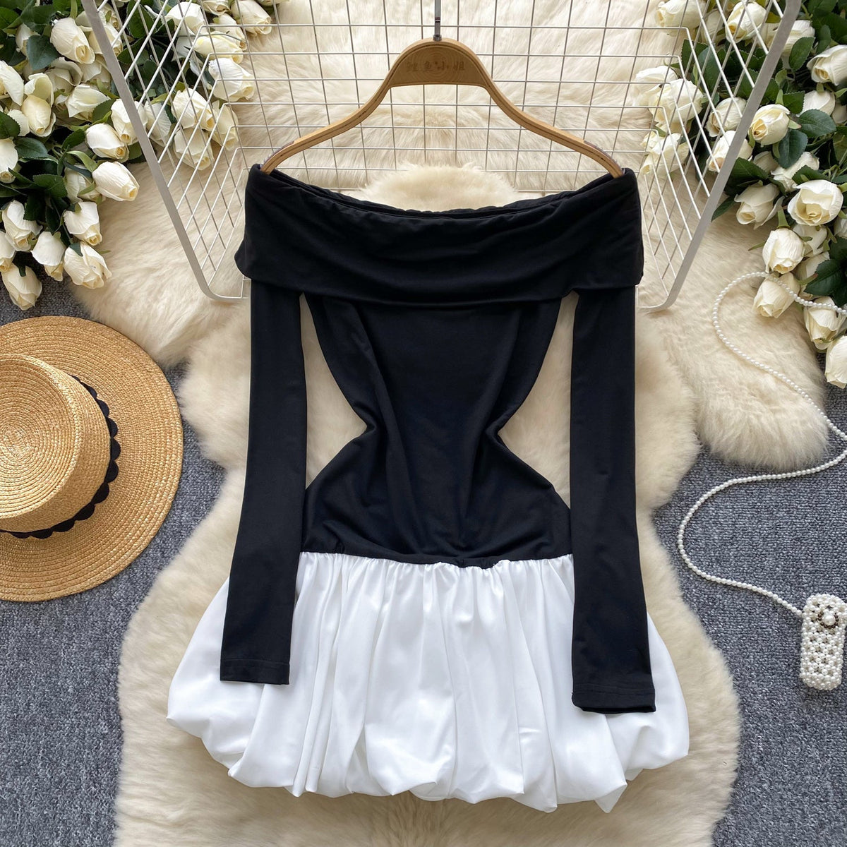 Off-shoulder Color Blocking Patchwork Dress