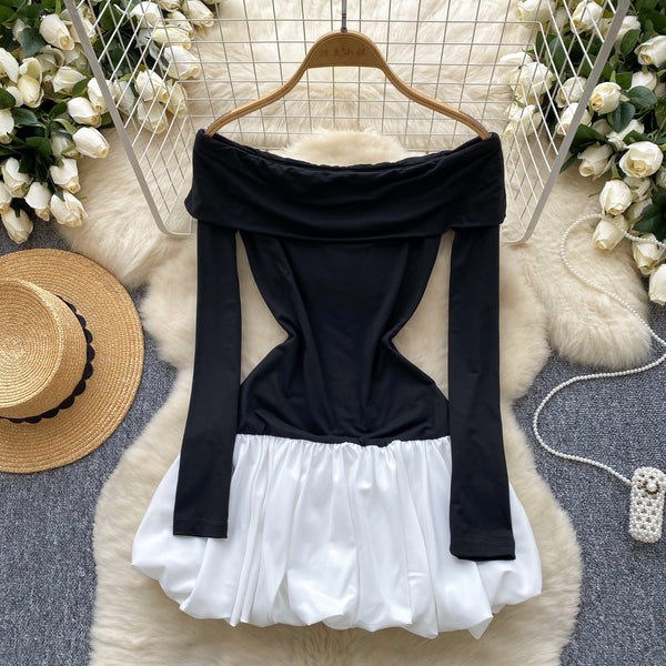 Off-shoulder Color Blocking Patchwork Dress