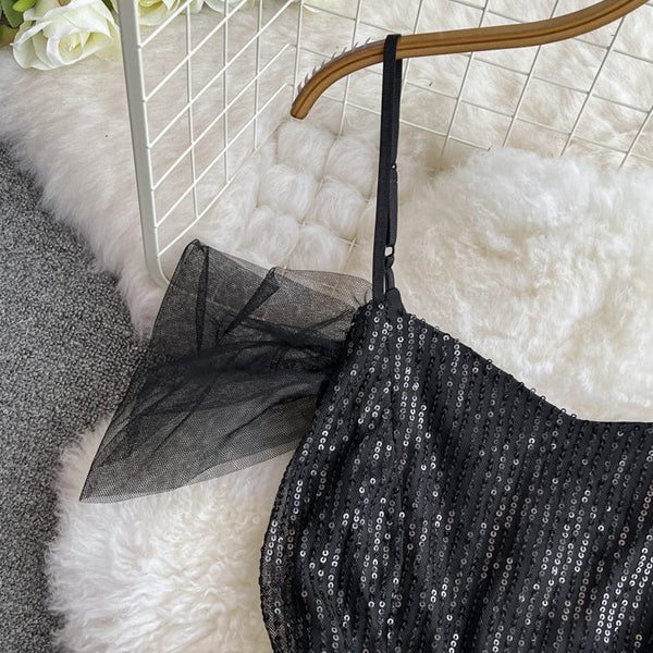 Ruffled Neckline Black Sequined Party Dress