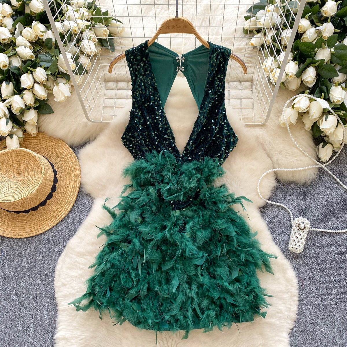 Hollowed Deep V-neck Sequined Dress