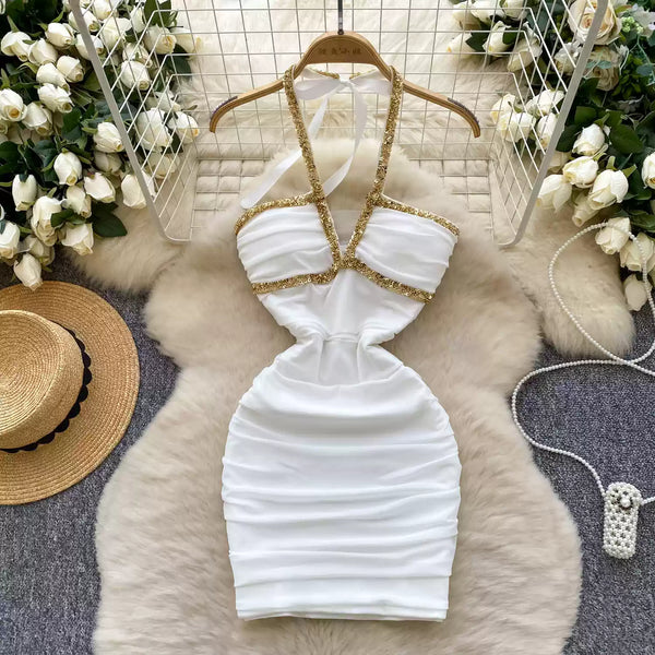 Deep V-neck Sequined Pleated Dress