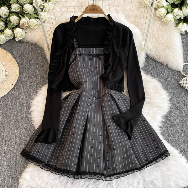 Suede Shawl&Pleated Slip Dress 2Pcs