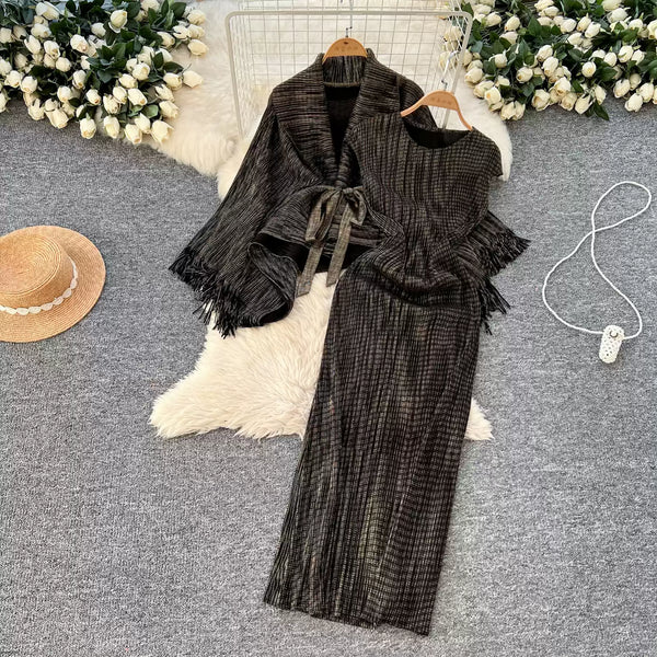 Beaded Fringed Cardigan & Vest Dress 2Pcs