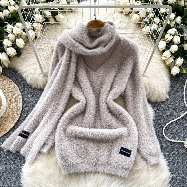 Furry Knitted Dress with Scarf