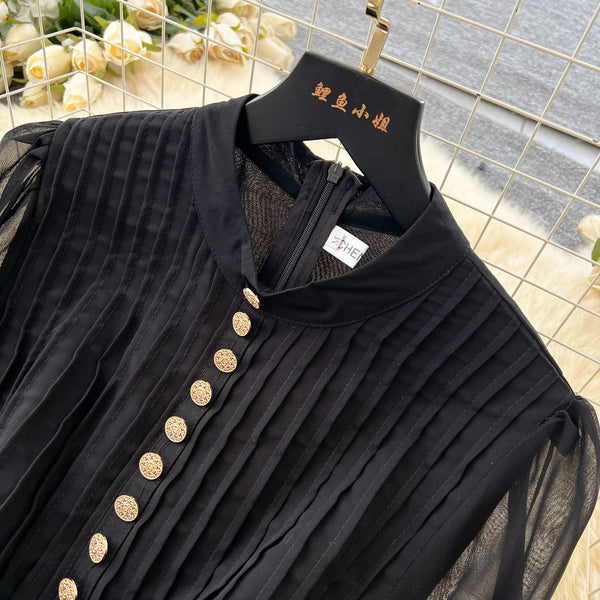 Elegant Metal Button Black Chiffon Dress