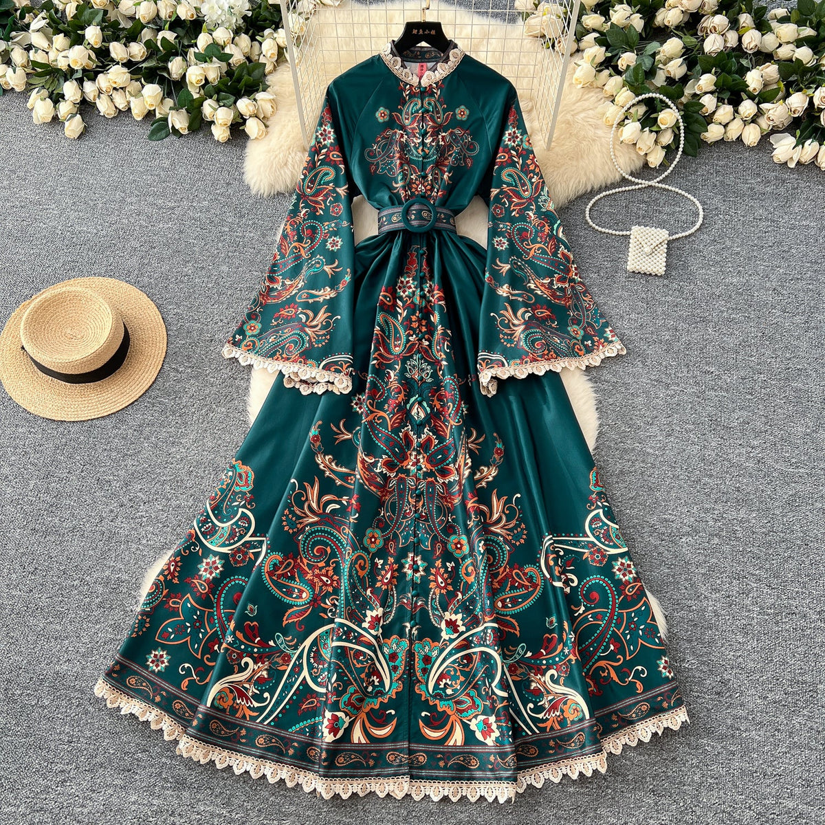 Courtly Floral Printed Lace Trim Dress