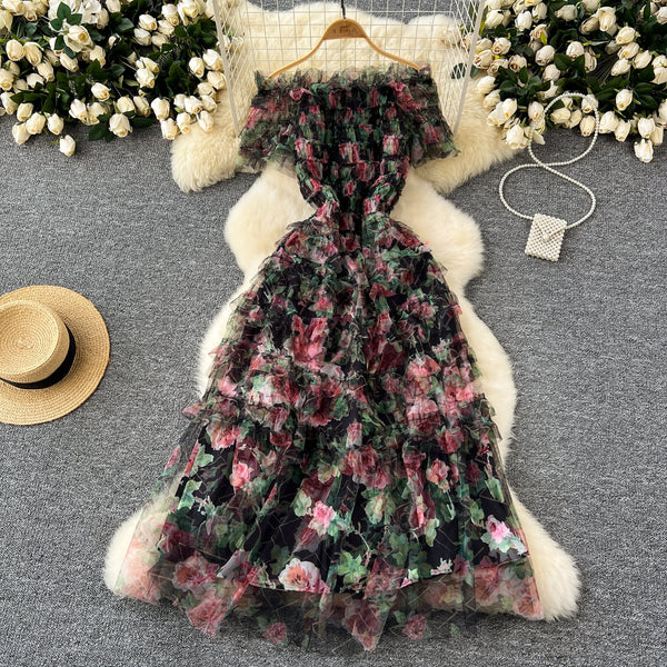 Off-shoulder Floral Puffy Mesh Dress