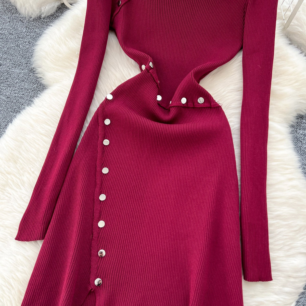 Half Turtleneck Metal Button Knitted Dress