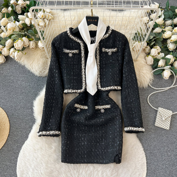 Boncuklu Blazer ve Slip Elbise Tweed 2 Parça