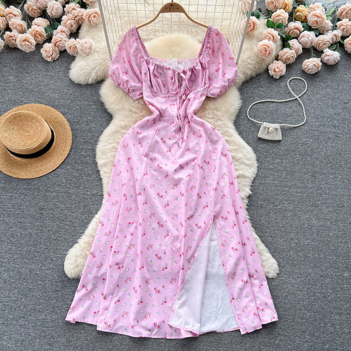 Ruffled Neckline Floral Split Dress