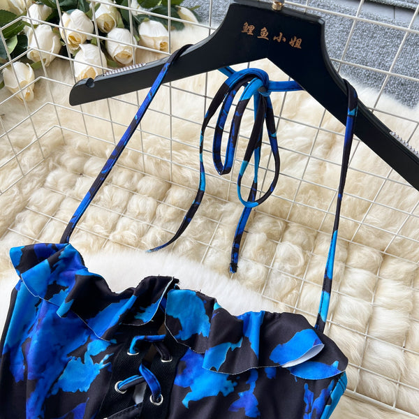 Asymmetric Ruffled Printed Halter Dress
