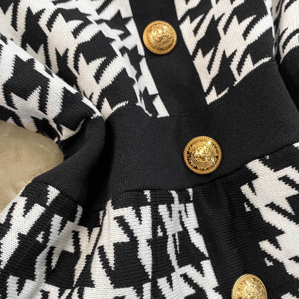 French Style Houndstooth Knitted Dress