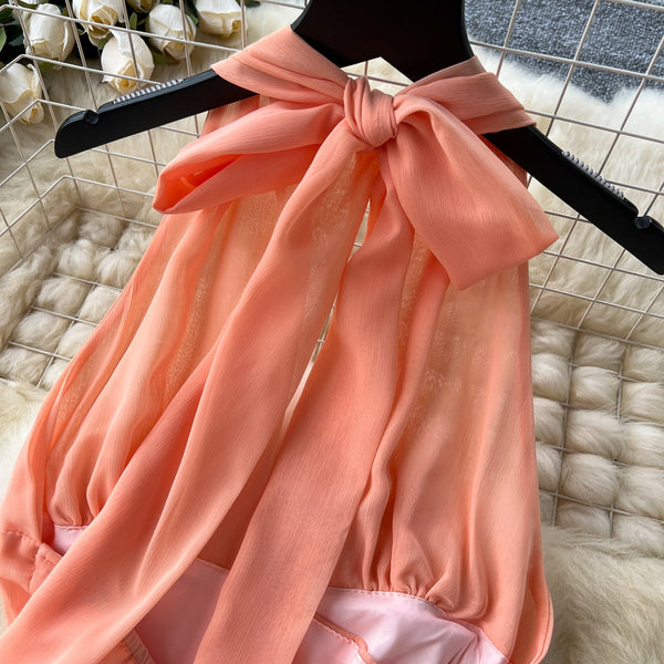 Orange Sleeveless Halter Chiffon Dress