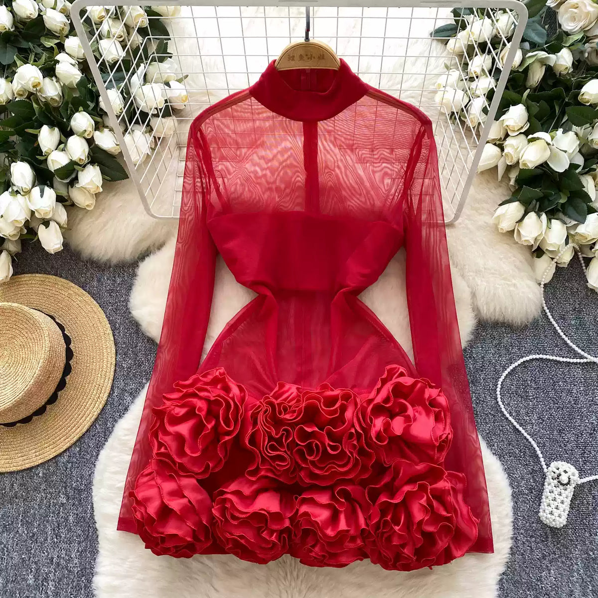 See-through Mesh 3D Ruffled Dress