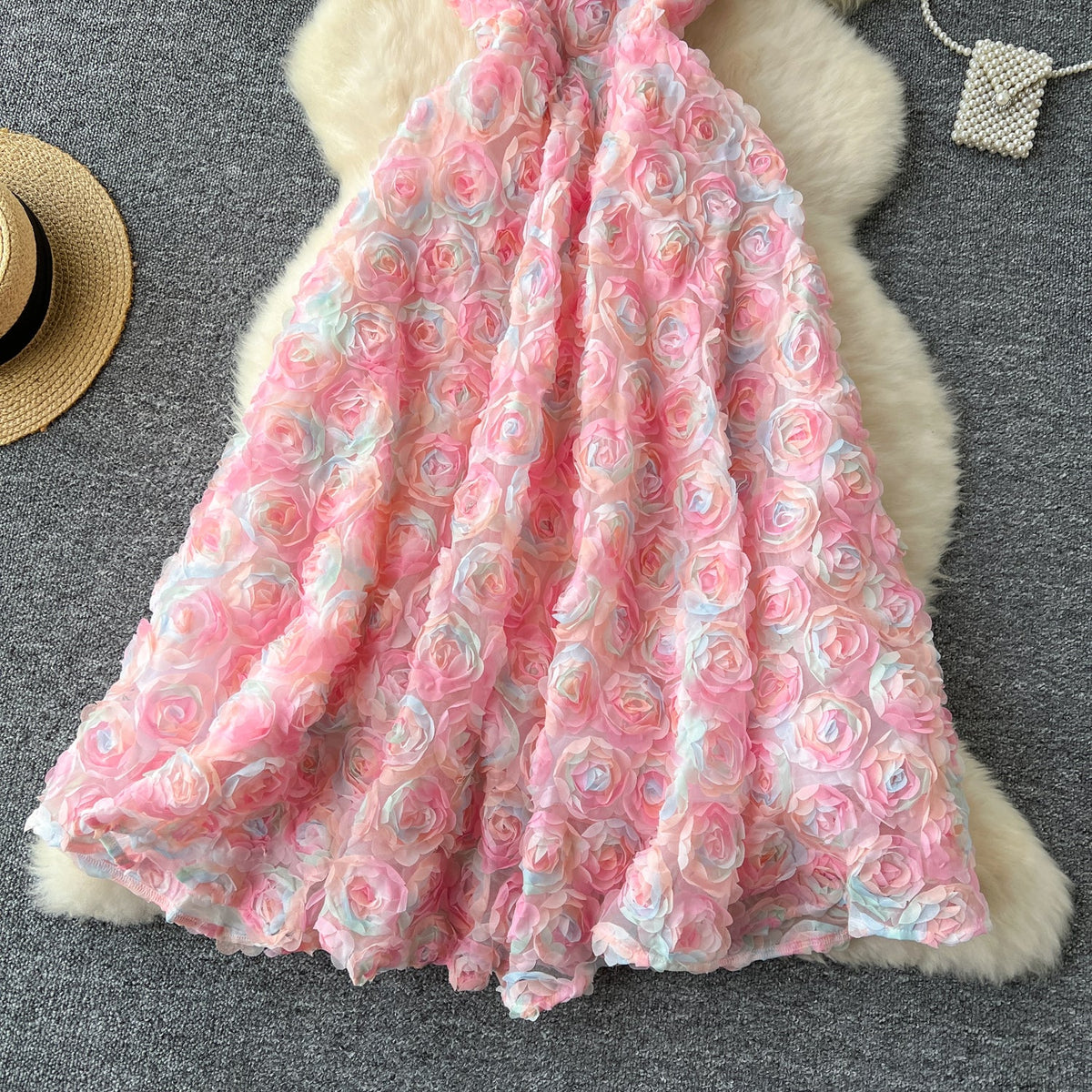 Peri 3D Pembe Gül Kayık Elbise