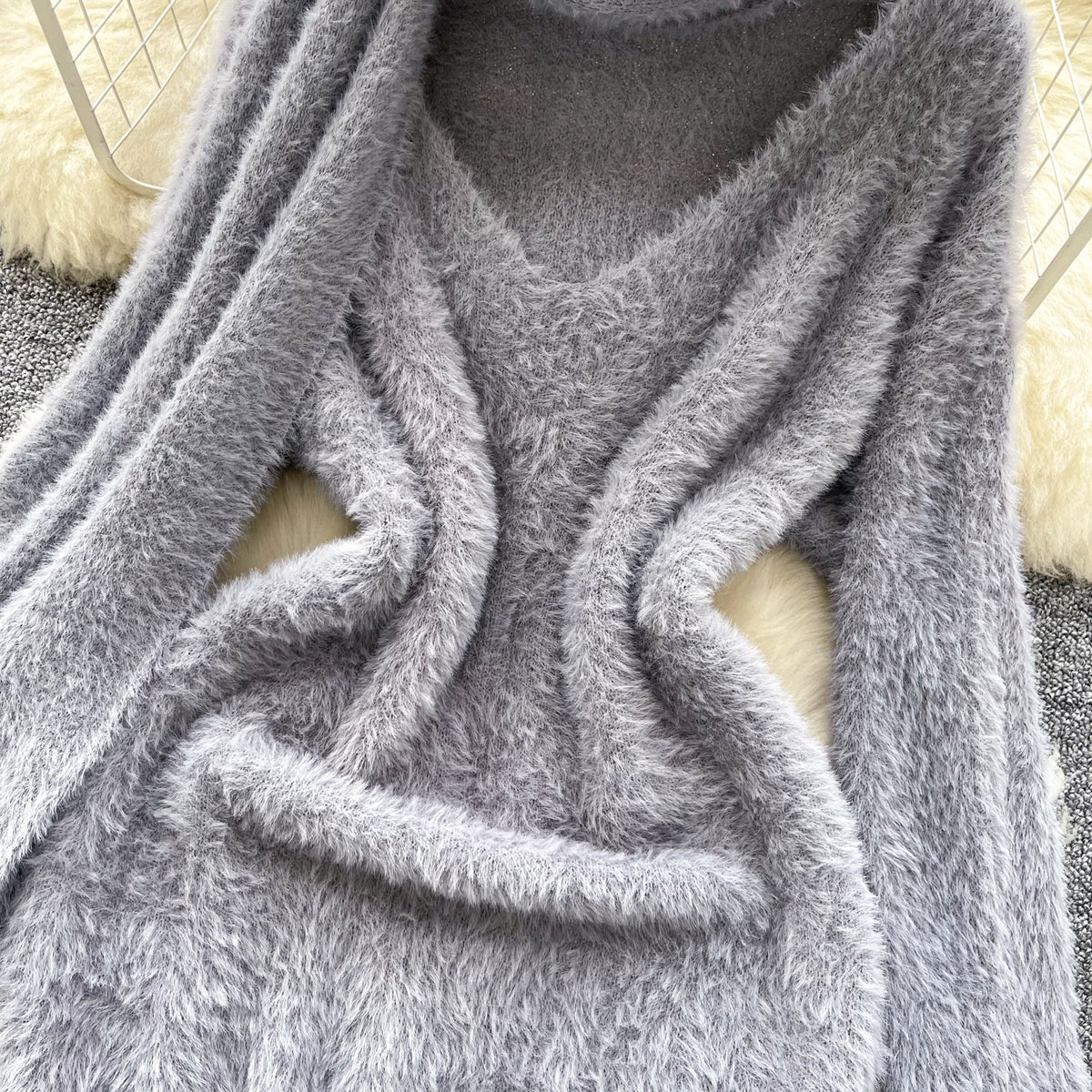 Furry Knitted Dress with Scarf