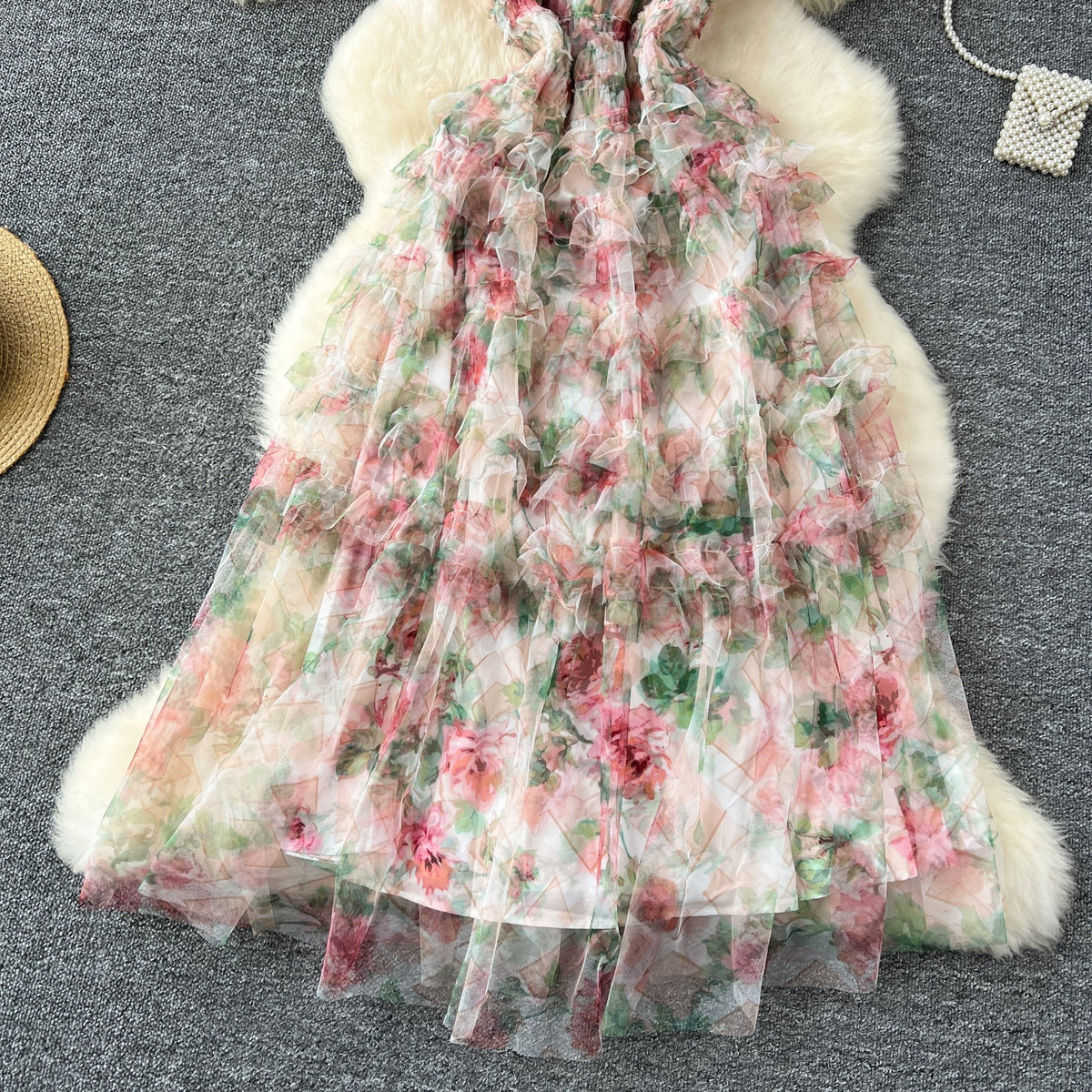 Off-shoulder Floral Puffy Mesh Dress