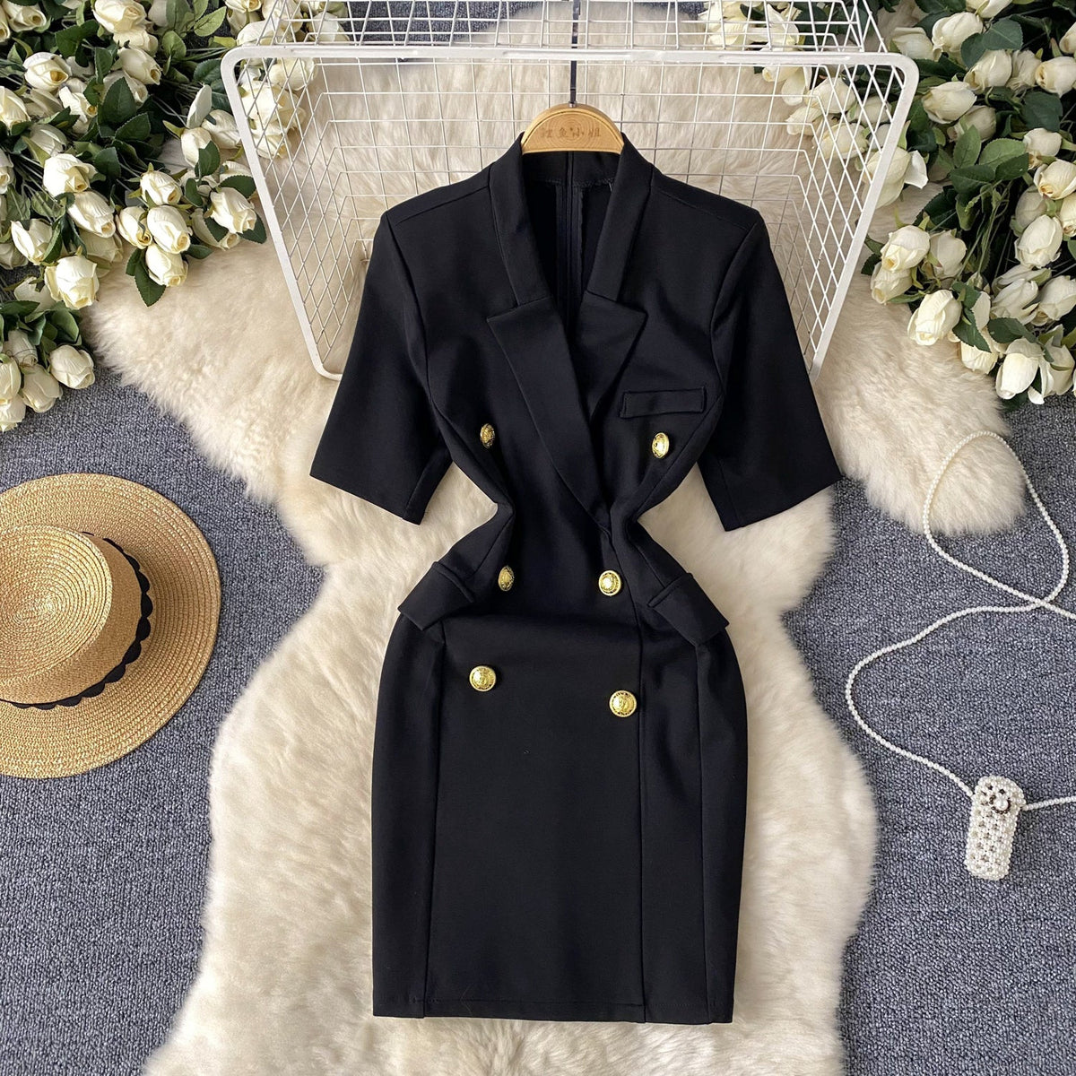 Suit Collar Double-breasted Black Dress