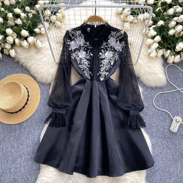 Beaded Mesh Embroidered Black Dress