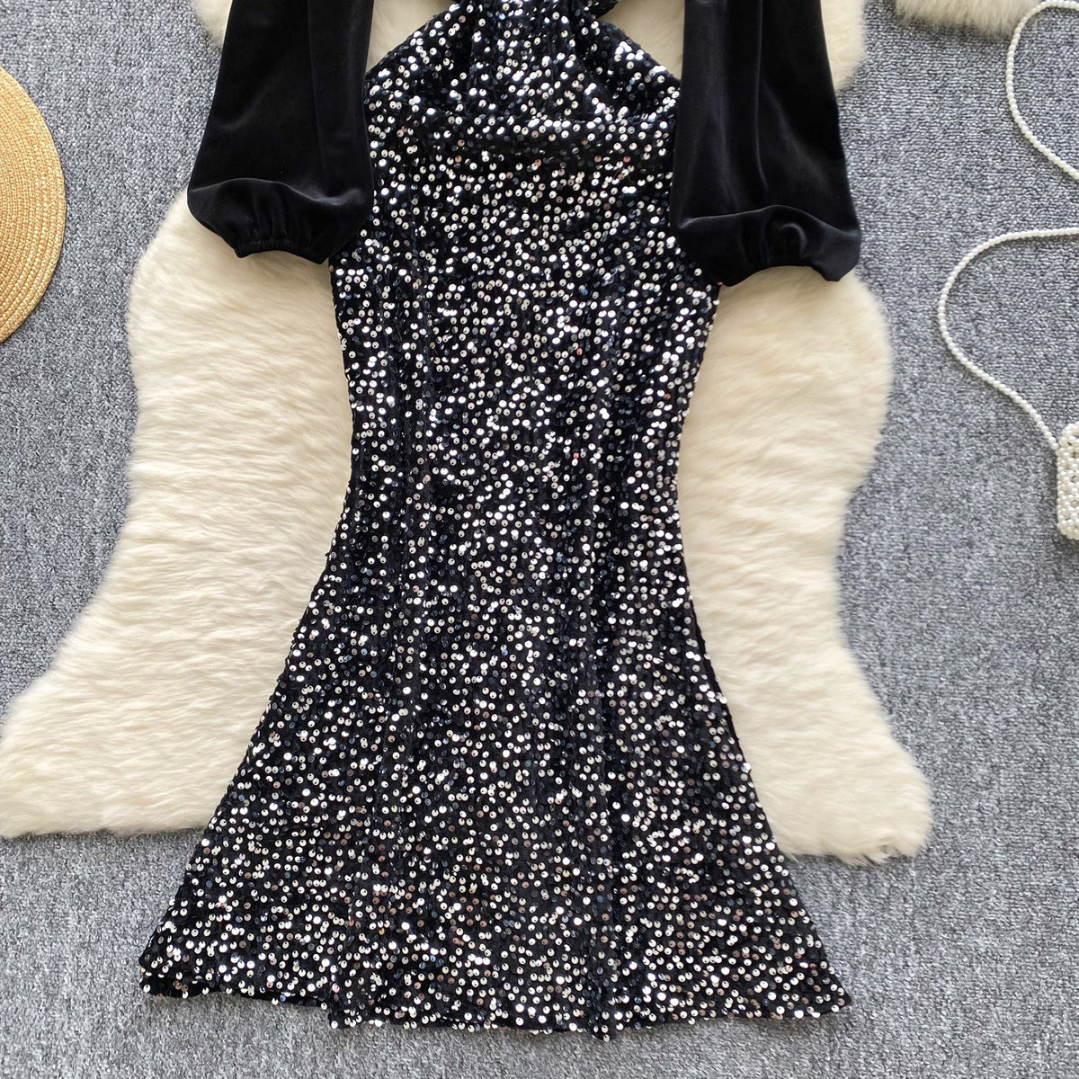 Sequined Black Lace-up Halter Dress
