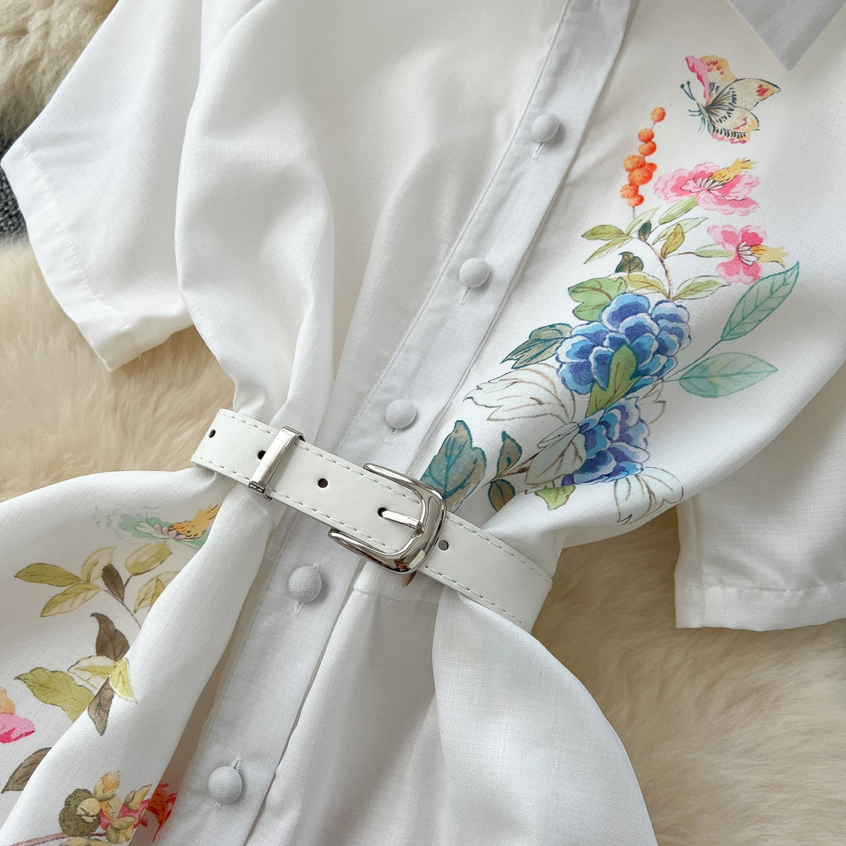 Polo Collar Floral White Shirt Dress