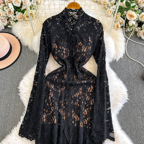 Embroidered Lace Turtleneck Black Dress