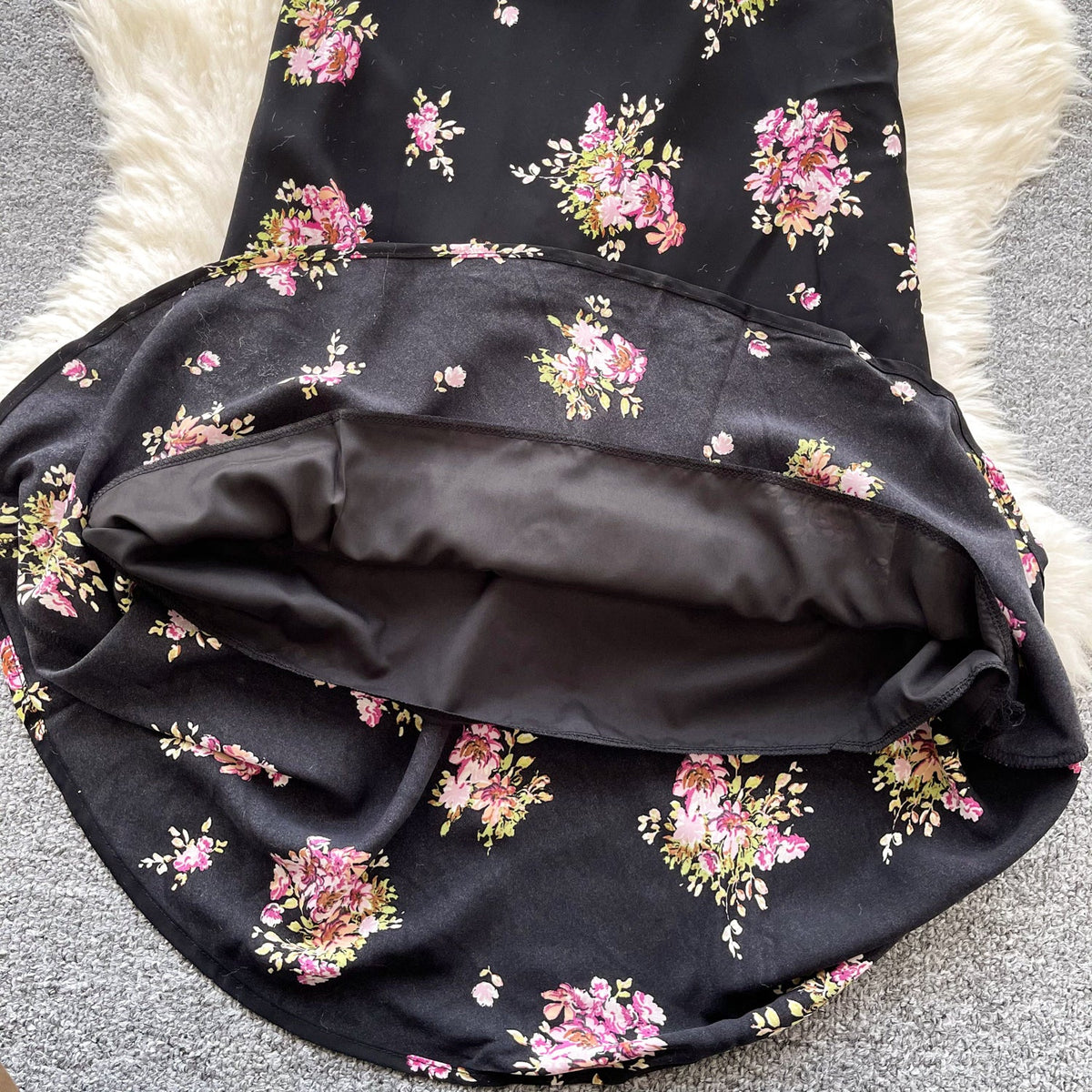 French Style Floral Black Slip Dress