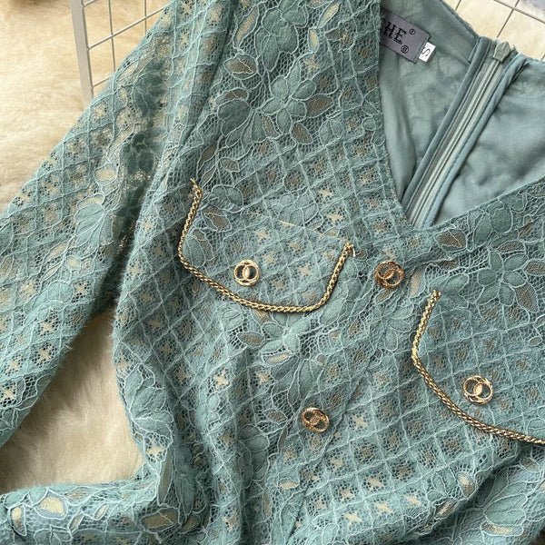 V-neck Green Lace Party Dress