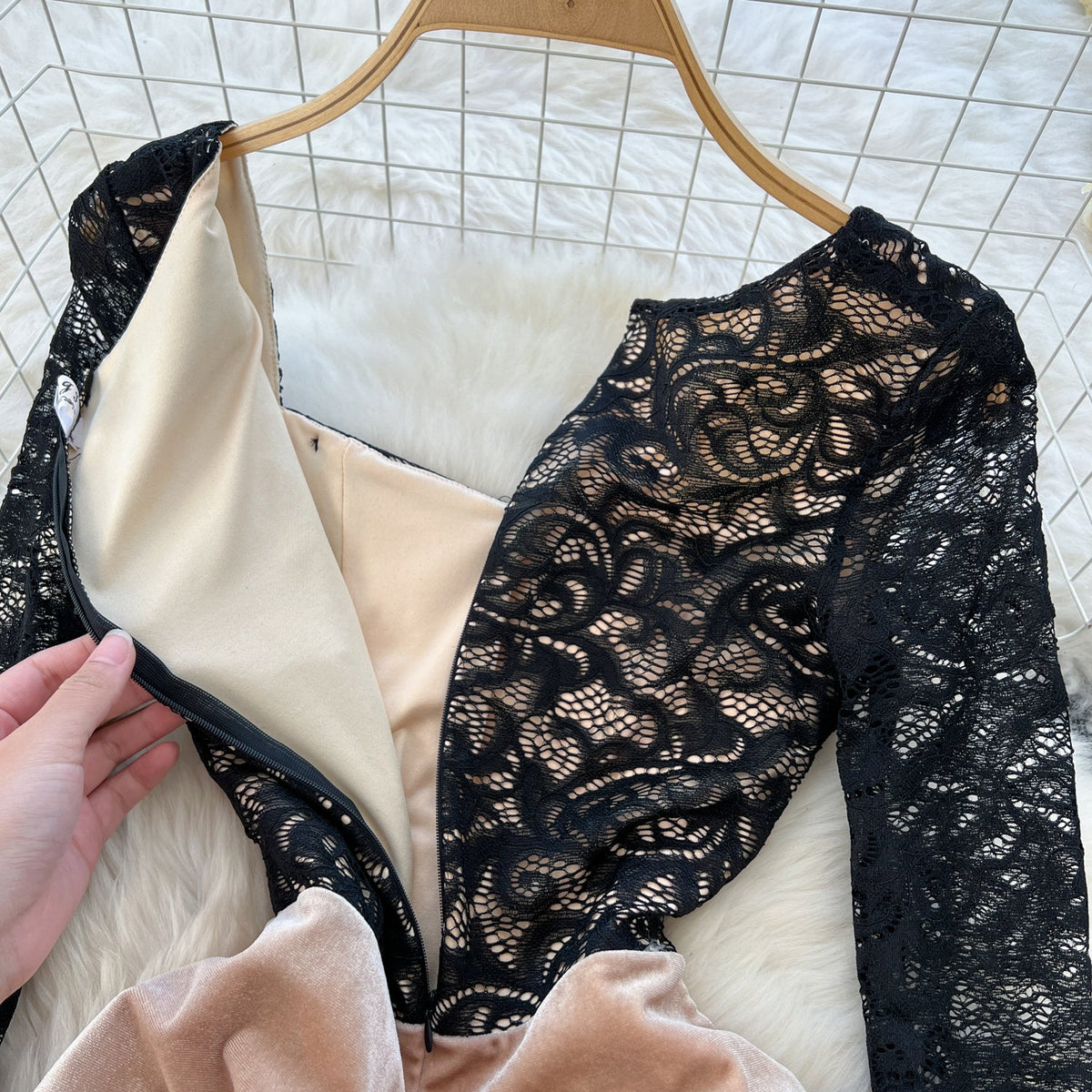 Square Neckline Black Embroidered Lace dress