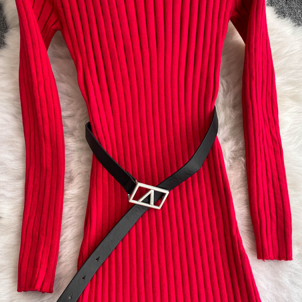 V-neck Elastic Knitted Dress with Belt