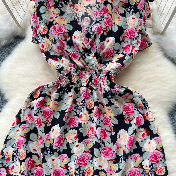 V-neck Elastic Waist Floral Dress