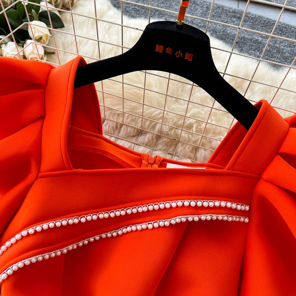 Ruffled Sleeve Sequined Orange Dress