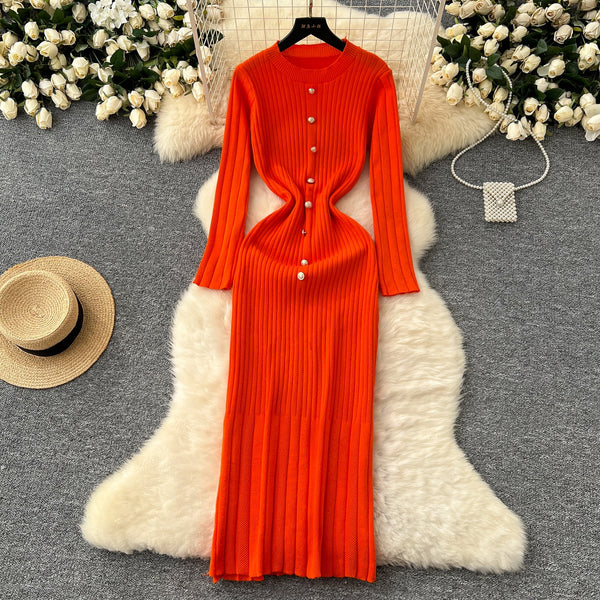 Metal Button Round Collar Knitted Dress