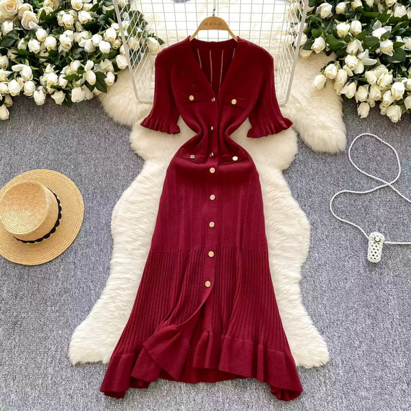 French Style V-neck Knit Shirt Dress