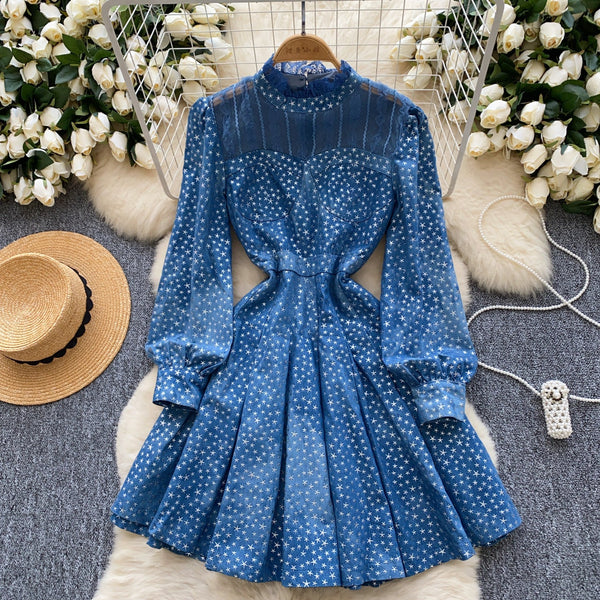 Stand Collar Star Printed Patchwork Dress