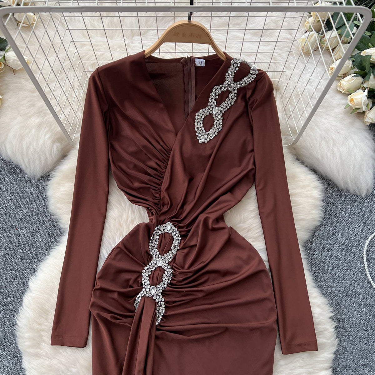 Premium V-yaka Rhinestone Taşlı Elbise