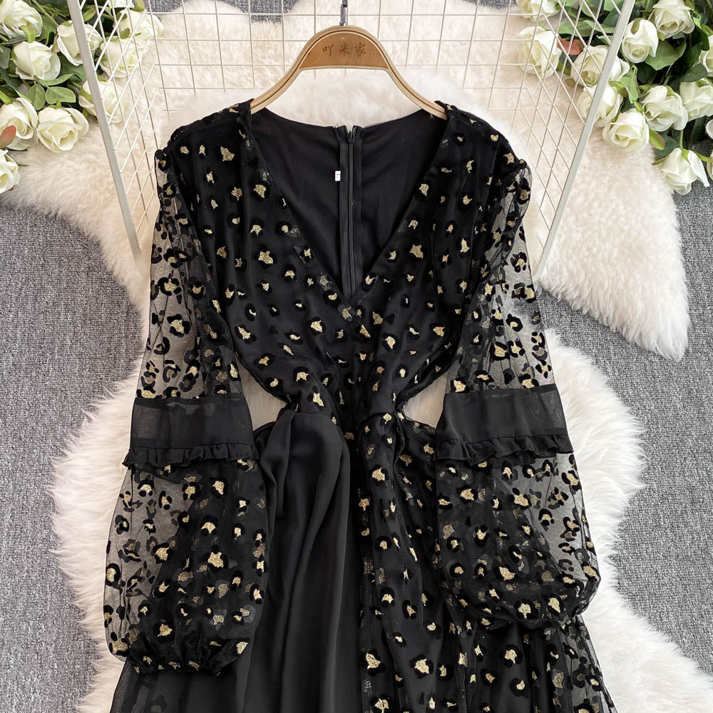 Leopard Printed Mesh Patchwork Black Dress