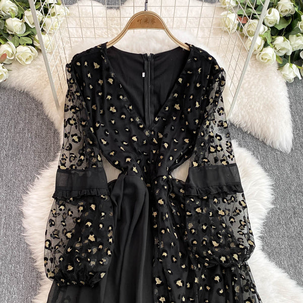 Leopard Printed Mesh Patchwork Black Dress