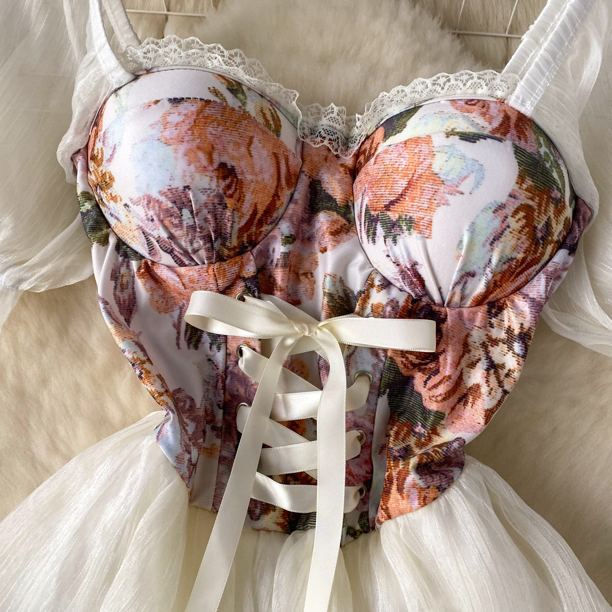 Courtly Floral Patchwork Puffy Dress