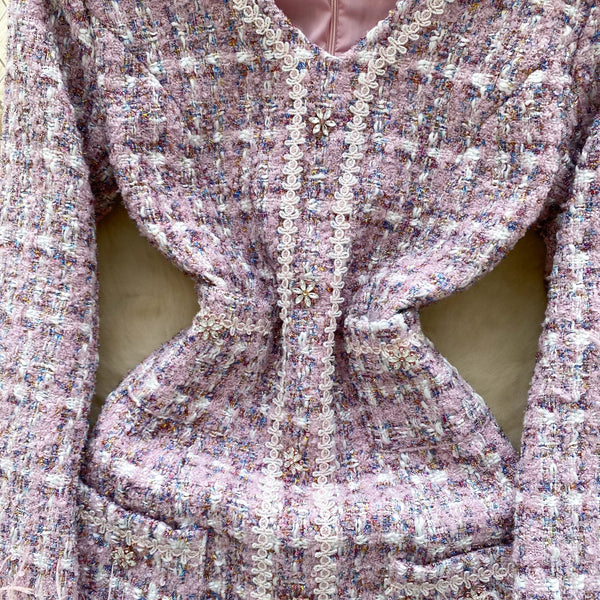 V-neck Pink Plaid Tweed Dress