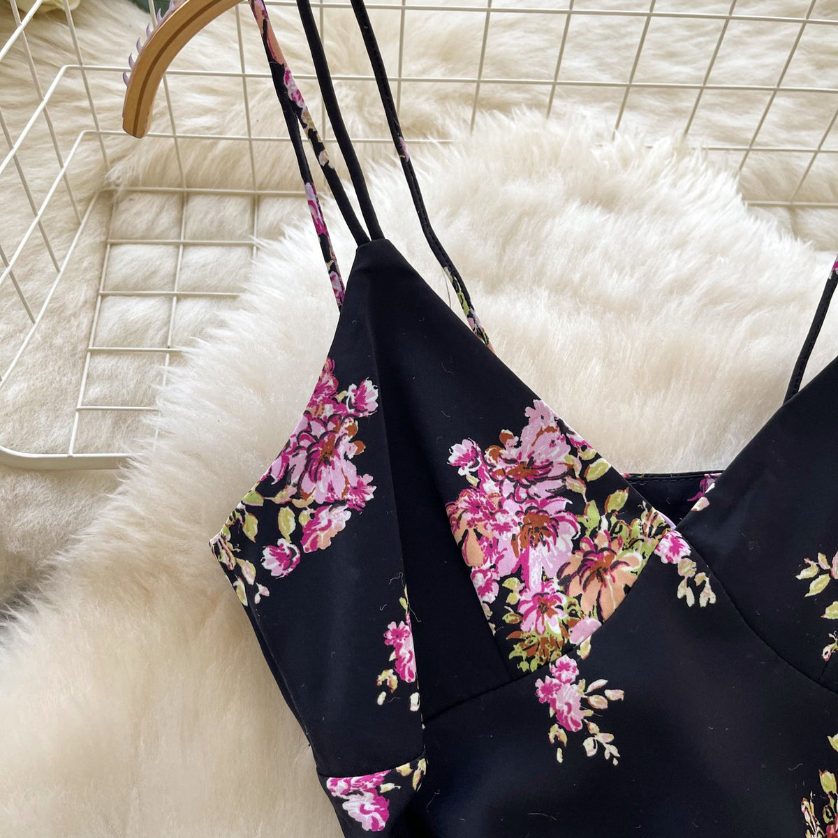 French Style Floral Black Slip Dress
