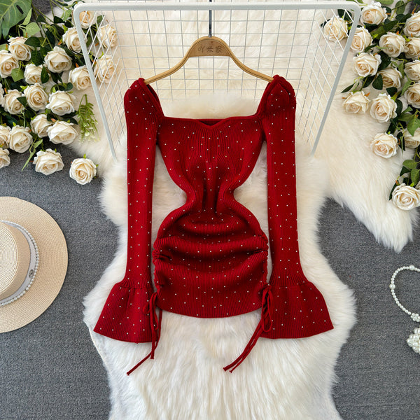 Square Neckline Beaded Knitted Dress