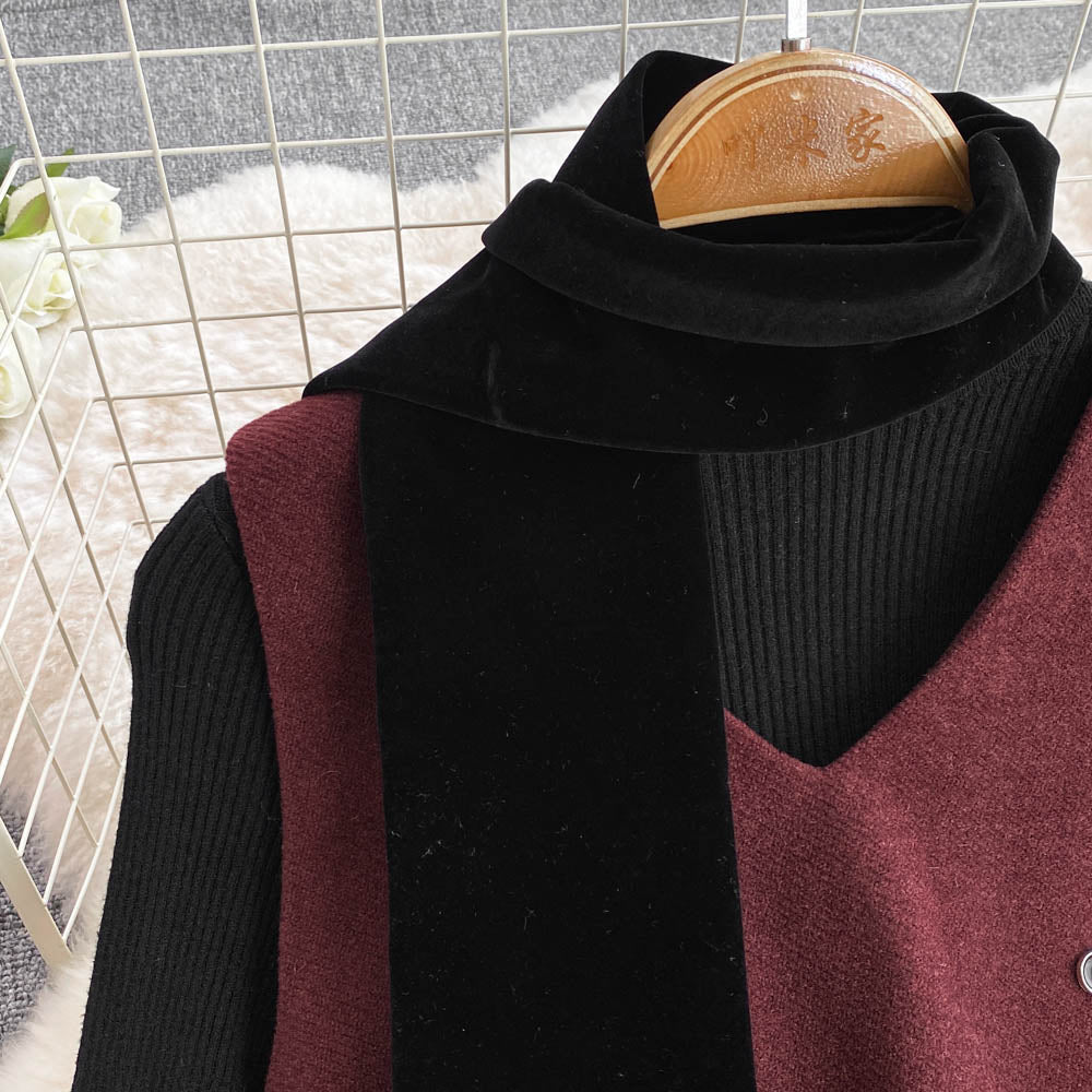 Patchwork Vest Dress&Black Sweater 2Pcs